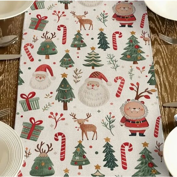 Christmas Table Runner 13x72in Linen Santa Trees Reindeer Candy Canes - Picture 3 of 3